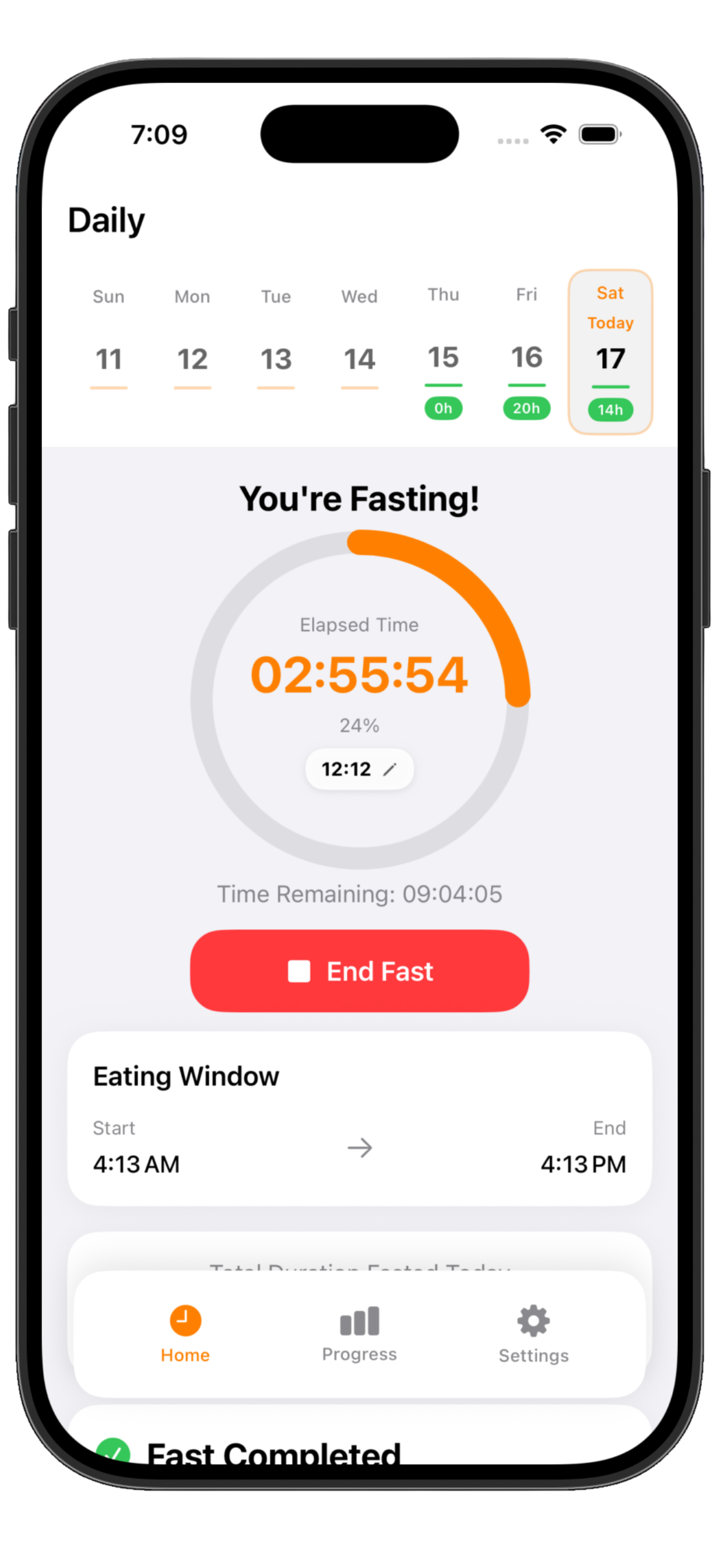 Simple Fasting App interface showing fasting timer with progress ring and countdown on iPhone screen